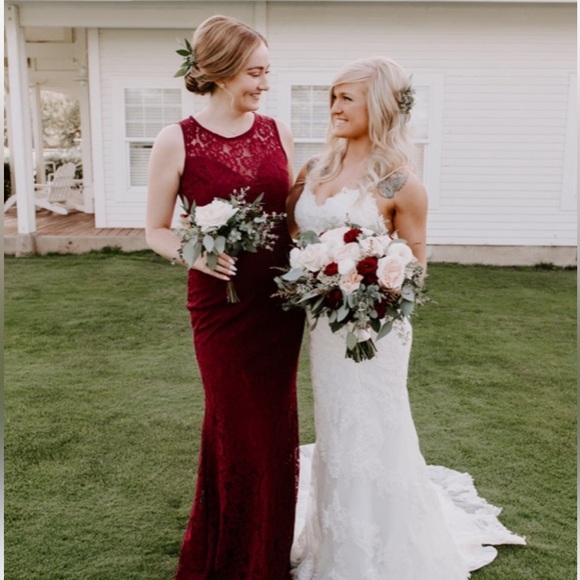 lulus maroon bridesmaid dress Burgundy Long Bridesmaid Dresses Moest Lace Applique Formal Dress ARD1771 main image 1